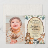 Jongens bosdieren eerste 1e verjaardag foto kaart (Voorkant / Achterkant)