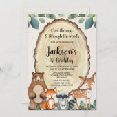 Jongens bosdieren eerste 1e verjaardagsfeestje kaart (Voorkant / Achterkant)