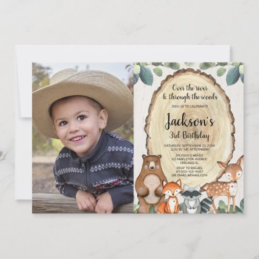 Jongens bosdieren rustieke bos verjaardag foto kaart (Voorkant)
