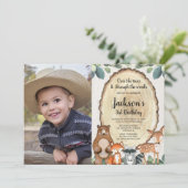 Jongens bosdieren rustieke bos verjaardag foto kaart (Staand voorkant)