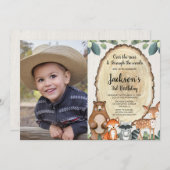 Jongens bosdieren rustieke bos verjaardag foto kaart (Voorkant / Achterkant)