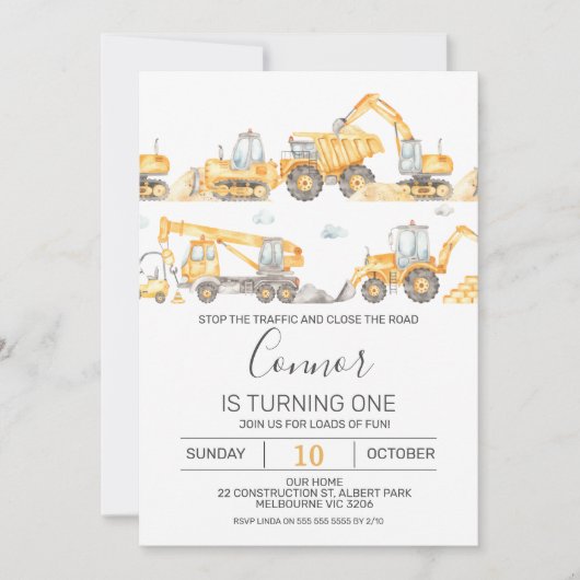 Jongens Bouw Voertuigen Verjaardag Uitnodiging (Voorkant)