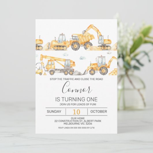 Jongens Bouw Voertuigen Verjaardag Uitnodiging (Staand voorkant)