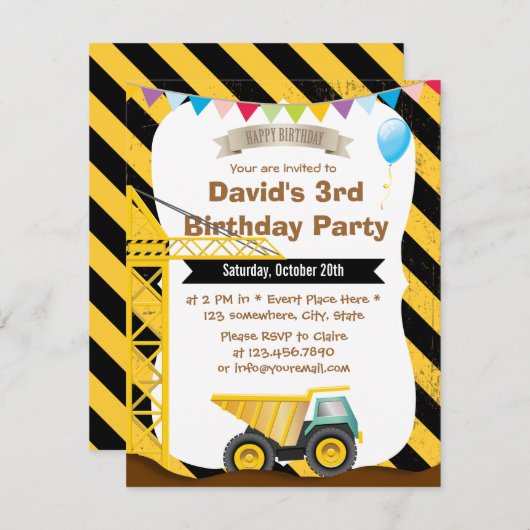 Jongens bouwthema Birthday Party Kaart (Voorkant / Achterkant)