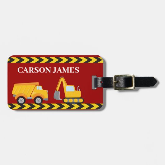 Jongens Bouwwagens Gepersonaliseerde Rode Kinderen Bagagelabel (Voorkant horizontaal)