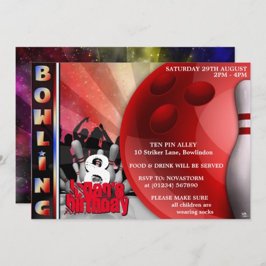 Jongens Bowling Party uitnodigingen (Voorkant / Achterkant)