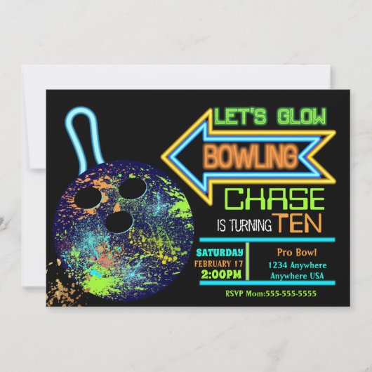 Jongens Bowling party, Verjaardag Neon gloed bowle Kaart (Voorkant)