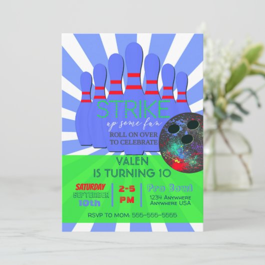 Jongens Bowling Verjaardag Party staking, kom Kaart (Staand voorkant)