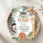 Jongens Brown Green Born Two Be Wild 2e verjaardag Kaart<br><div class="desc">Boys Brown Green Born Two Be Wild 2nd Birthday Invitation Schattigee jongenssafari of een tweede verjaardagsuitnodiging met een wild thema met zes oerwouden. De achterkant van de uitnodiging is voorzien van een cheetah print patroon.</div>