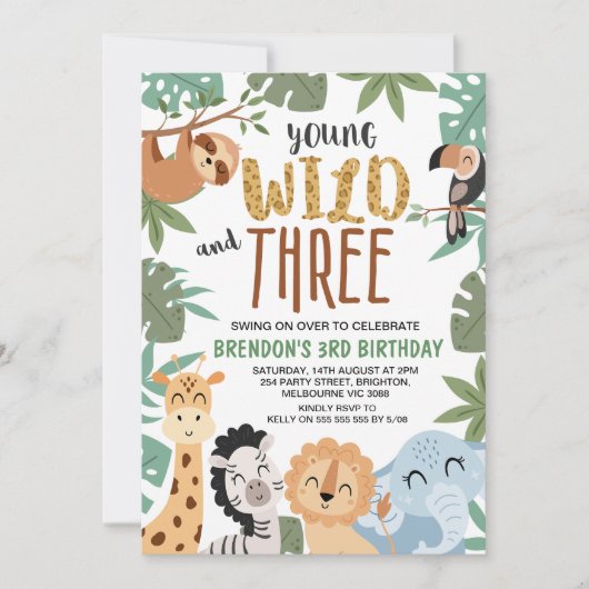Jongens Bruin Groen Jong Wild Drie 3e verjaardag Kaart (Voorkant)