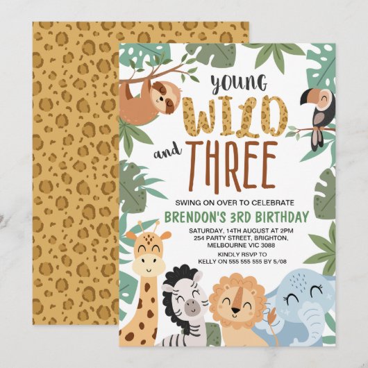 Jongens Bruin Groen Jong Wild Drie 3e verjaardag Kaart (Voorkant / Achterkant)