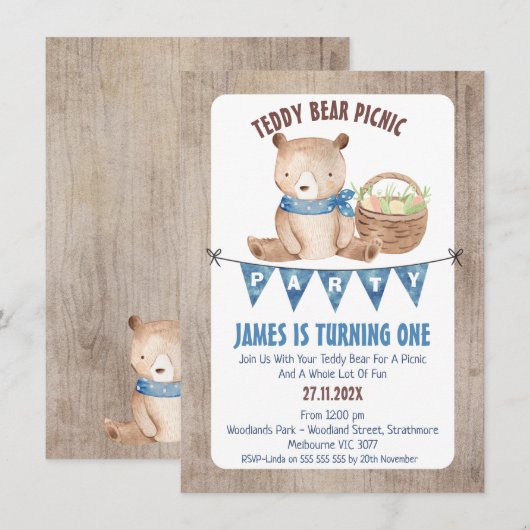 Jongens Bunting Teddy Bear Picknick 1e Verjaardag Kaart (Voorkant / Achterkant)