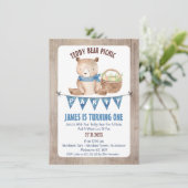 Jongens Bunting Teddy Bear Picknick 1e Verjaardag Kaart (Staand voorkant)