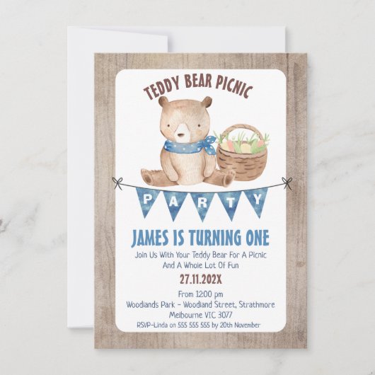 Jongens Bunting Teddy Bear Picknick 1e Verjaardag Kaart (Voorkant)