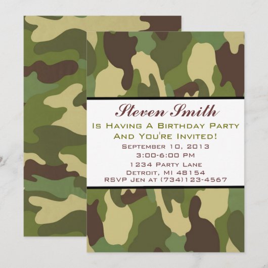 Jongen's Camo Birthday-uitnodiging Kaart (Voorkant / Achterkant)