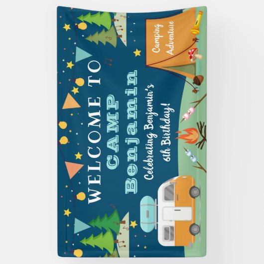 Jongens Camping Birthday Camp Out Party Welcome Spandoek (Verticaal)