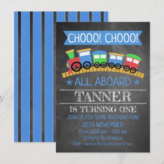 Jongens Chalkboard Trein Verjaardag Party Uitnodig Kaart (Voorkant / Achterkant)