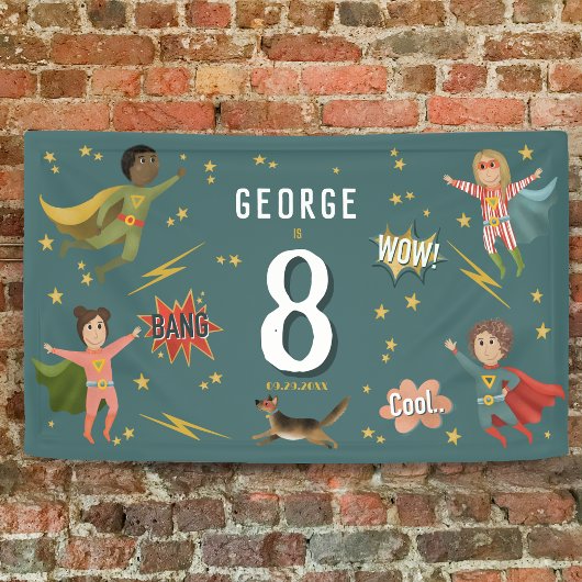 Jongens Cool Blue Actie Superheld Kids Verjaardag Spandoek