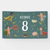 Jongens Cool Blue Actie Superheld Kids Verjaardag Spandoek (Horizontaal)