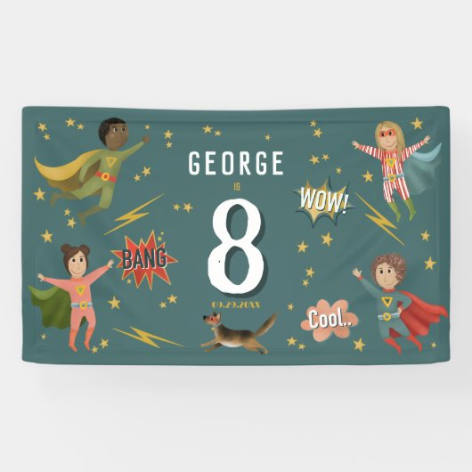 Jongens Cool Blue Actie Superheld Kids Verjaardag Spandoek (Horizontaal)