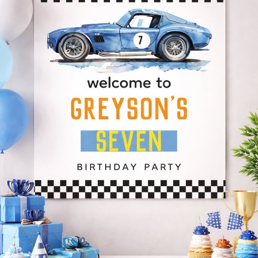 Jongens Cool Blue Racerauto Kinderverjaardag  Poster