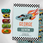 Jongens Cool Blue Racing Auto Kinderen Verjaardag Kaart<br><div class="desc">Dit moderne en coole jongens 7e verjaardag uitnodiging ontwerp is voorzien van een auto met hete vlammen, met een bijpassende blauwe raceauto, wiel en motorfiets patroon op de achterkant. De kaart kan worden gepersonaliseerd met een naam en andere gegevens die nodig zijn voor uw feest. Stel in als een uitnodiging...</div>