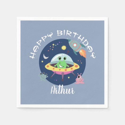 Jongens Cool Blue Space Alien Galaxy Verjaardag Servet (Voorkant)
