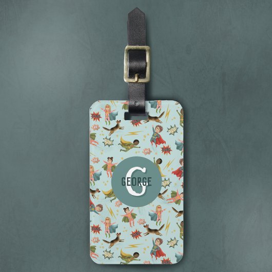 Jongens Cool Superhero Monogram en Naam Kinder Bagagelabel