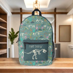 Jongens Cool T-Rex Dinosaur Fossil School Bedrukte Rugzak<br><div class="desc">Dit coole gepersonaliseerde kinder rugzakontwerp heeft een blauw en groen fossielenpatroon van dinosaurussen, met Jurassic planten, Dino skelet botten en andere archeologische illustraties, en een t-Rex. Er is ook ruimte voor u om uw jongens naam toe te voegen in grillige typografie. Het perfecte dinosaurus thema cadeau voor elke geschiedenis of...</div>