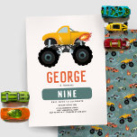 Jongens Cool Truck Kids Verjaardag Kaart<br><div class="desc">Dit moderne en coole jongens 9e verjaardag uitnodiging ontwerp is voorzien van een vrachtwagen met hete vlammen, met een bijpassende blauwe raceauto, wiel en motorfiets patroon op de achterkant. De kaart kan worden gepersonaliseerd met een naam en andere details die nodig zijn voor uw monsterfeest. Instellen als een uitnodiging voor...</div>