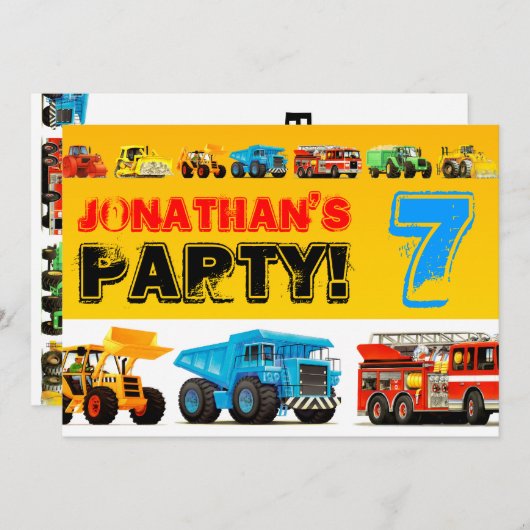 Jongens Custom Bouw Truck 7e Verjaardag Party Kaart (Voorkant / Achterkant)