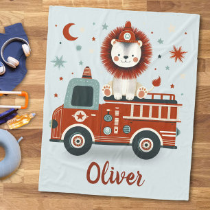 Jongens Cute Brandweer Leeuw op Brandweerwagen Fleece Deken