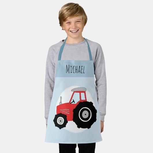 Jongens Cute Modern Blue Boerderij Tractor & Name  Schort (Gedragen)