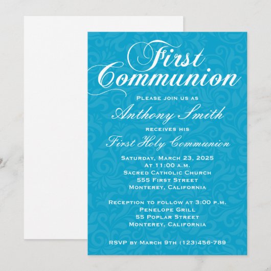 Jongen's Damask First Comunion Uitnodiging (Voorkant / Achterkant)