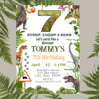 Jongens Dinosaur 7e Verjaardag Party Uitnodiging