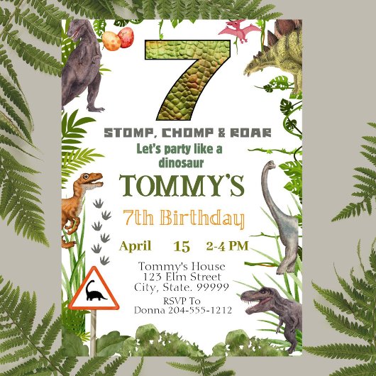Jongens Dinosaur 7e Verjaardag Party Uitnodiging