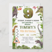 Jongens Dinosaur 9e Verjaardag Party Uitnodiging (Voorkant)