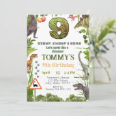 Jongens Dinosaur 9e Verjaardag Party Uitnodiging (Staand voorkant)