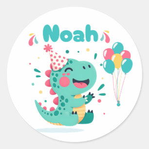 Jongens Dinosaur Dinerfeest Sticker Bewerkbaar