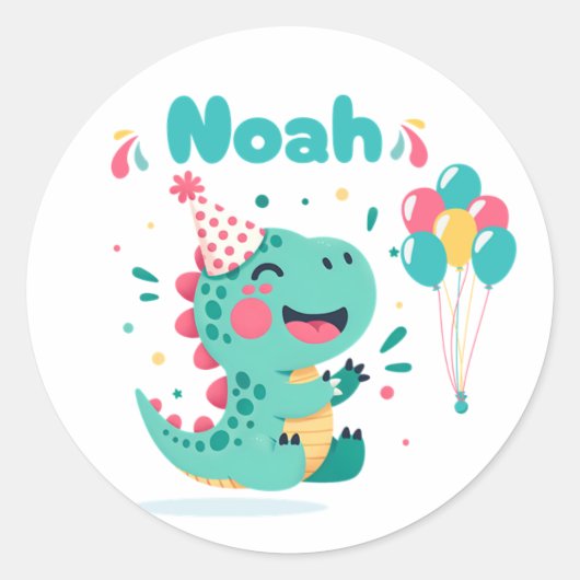 Jongens Dinosaur Dinerfeest Sticker Bewerkbaar (Voorkant)
