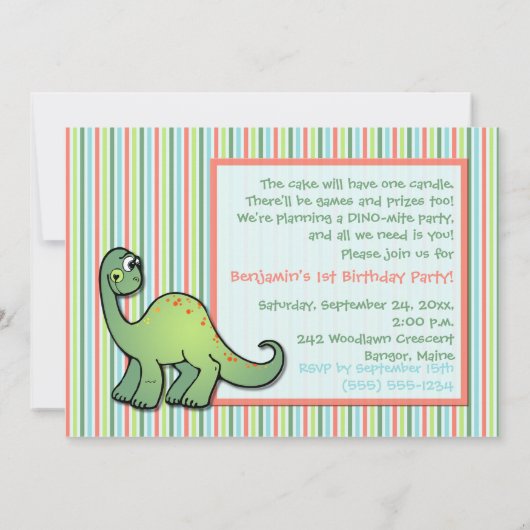 Jongen's Dinosaur Eerste Verjaardag Uitnodiging (Achterkant)