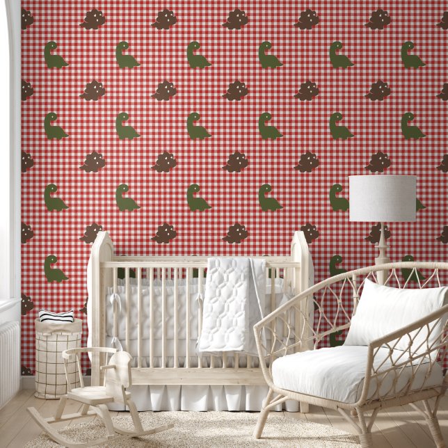 Jongens Dinosaur Gingham - legergroen bruin schuur Behang (Kinderen)