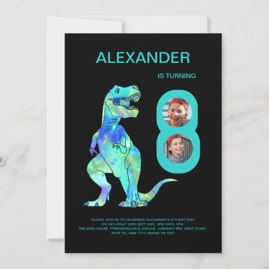 Jongens Dinosaur T-Rex 8e Verjaardag Party Kaart (Voorkant)