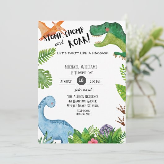 Jongens Dinosaurus 1e Verjaardagsfeest Kaart (Staand voorkant)