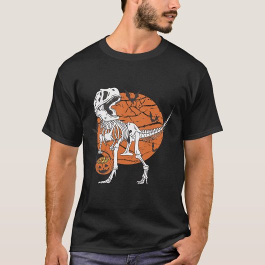 Jongens Dinosaurus Skelet T Rex Enge Pompoen Maan T-shirt (Voorkant)