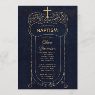 Jongens Doop Navy Blauw Vintage Calligrafie Kruis Kaart