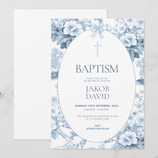 Jongens Doop Uitnodiging Blauw Bloementoilet (Voorkant / Achterkant)