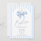 Jongens Doop Uitnodiging, Modern Blue Bow & Stripe Kaart (Voorkant)