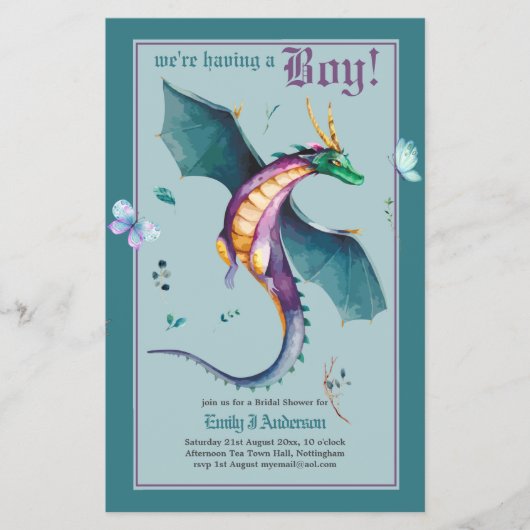 JONGENS DRAGON Baby Shower Geslacht Reveal Uitnodi Flyer (Voorkant)