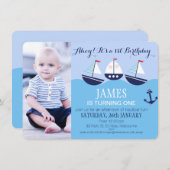 Jongen's Drie Boats Nautical 1st Birthday Party Kaart (Voorkant / Achterkant)